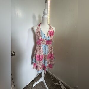 Beauty and Grace Patchwork Halter Summer Dress in Pink & Light Blue Size Small